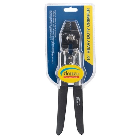 Dogfish Tackle & Marine Danco heavy duty chrome-plated fishing crimping pliers with cushioned handles in packaging.