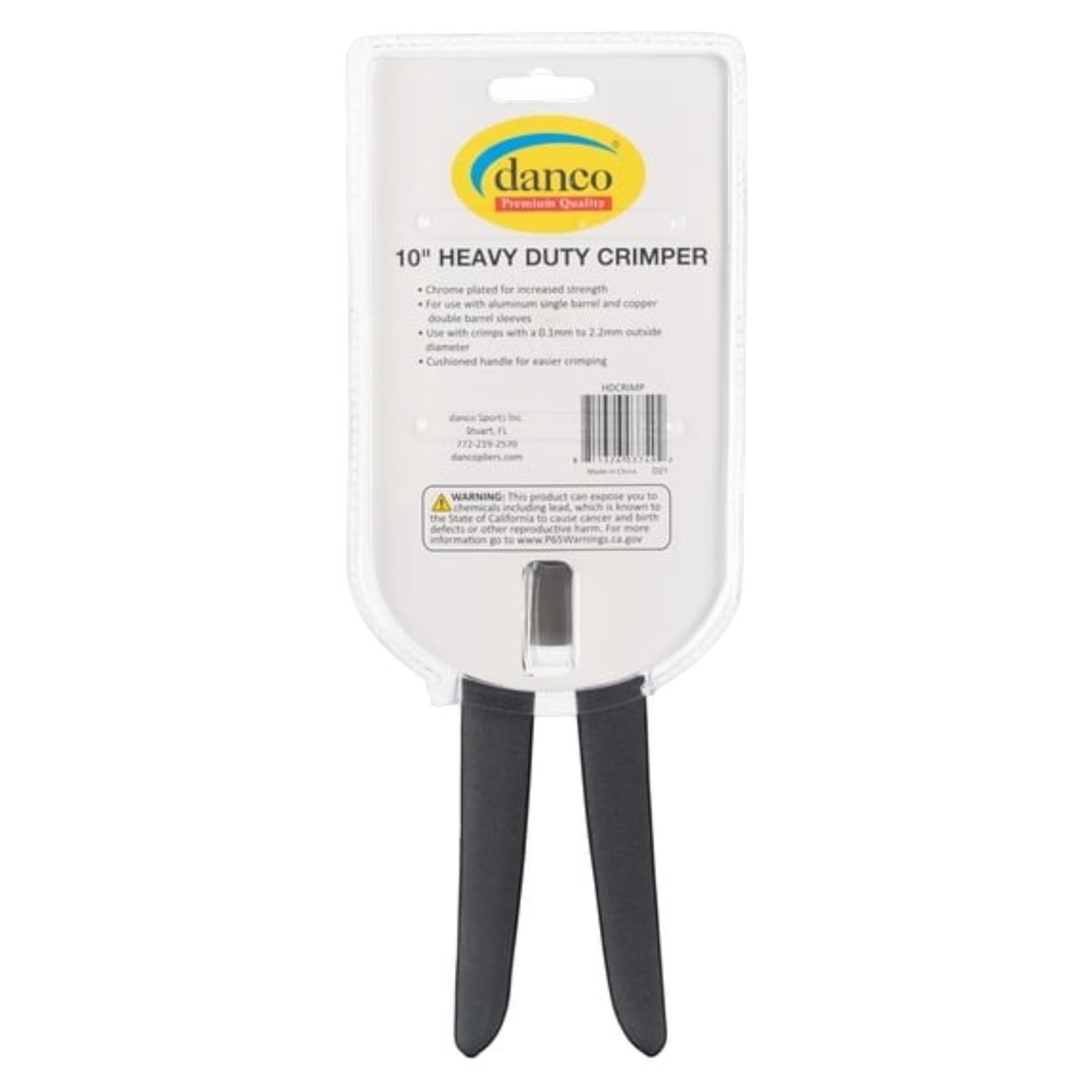 Dogfish Tackle & Marine Danco heavy duty fishing crimper tool in retail packaging with cushioned handles