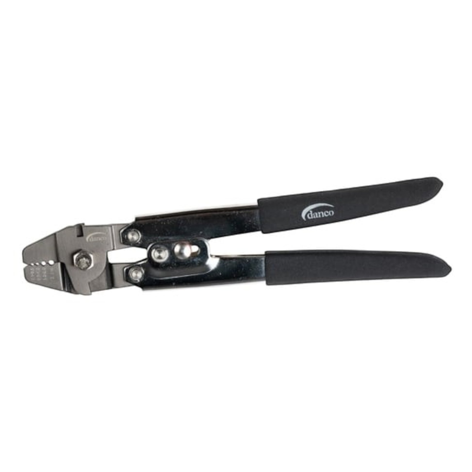 Dogfish Tackle & Marine Danco heavy duty chrome-plated fishing crimping pliers with black cushioned handles.