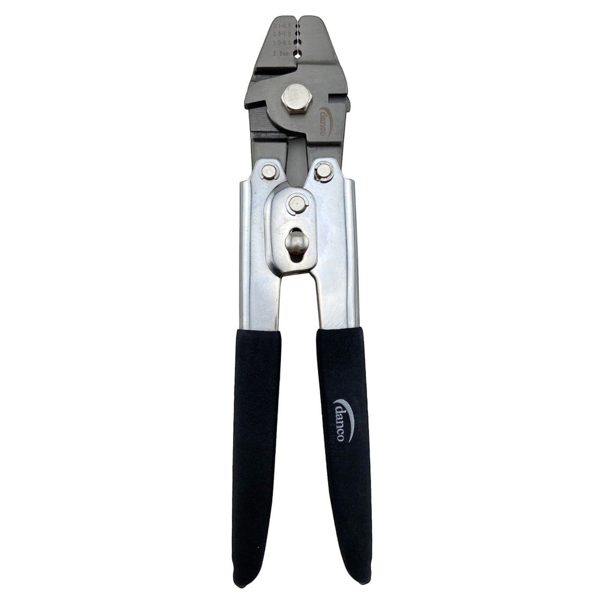 Dogfish Tackle & Marine Danco heavy duty fishing crimper with chrome-plated finish and black cushioned handles.