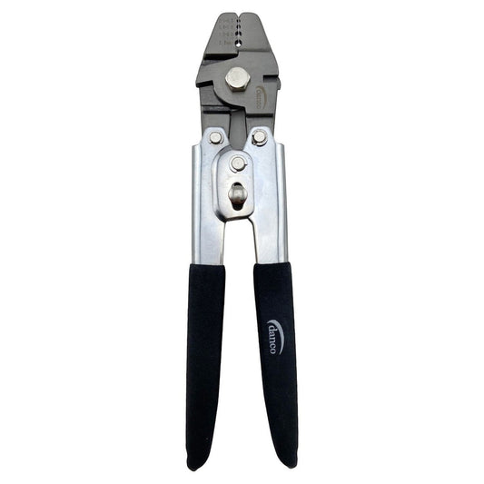 Dogfish Tackle & Marine Danco heavy duty fishing crimper with chrome-plated finish and black cushioned handles.