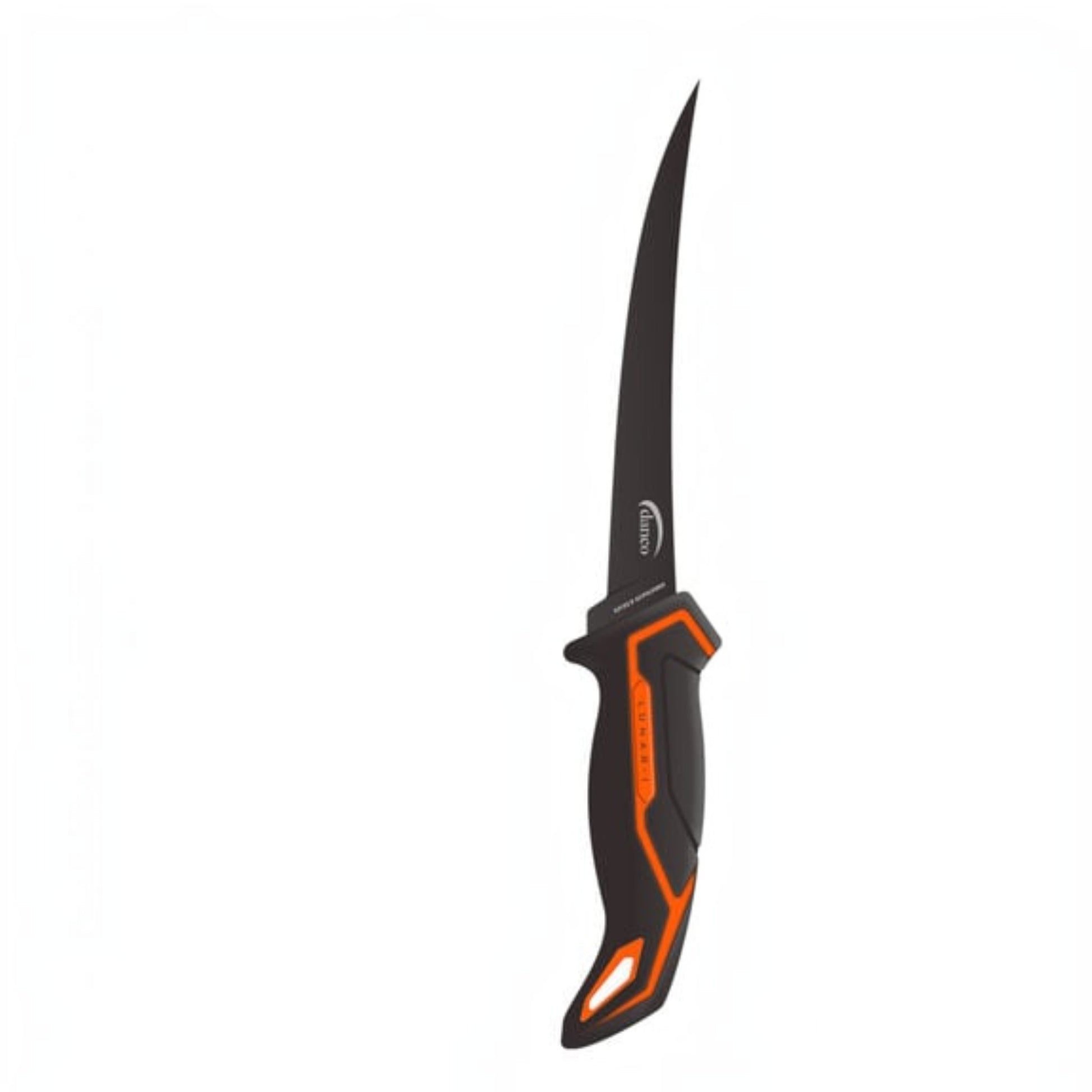 Dogfish Tackle & Marine Danco Lunar-I 7-inch fillet knife with a black blade and black and orange ergonomic grip.