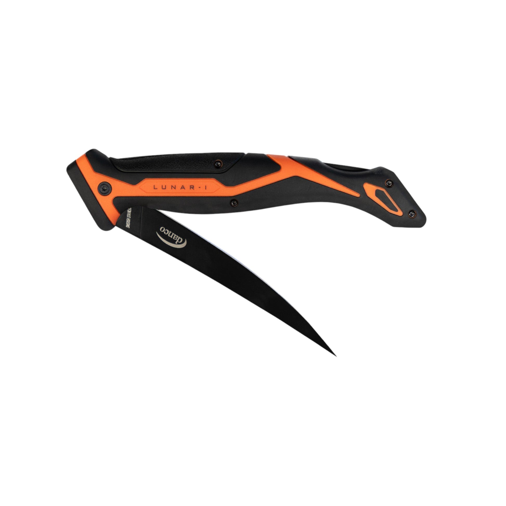 Dogfish Tackle & Marine Danco Lunar-I 6-inch folding fillet knife with a black blade and orange and black grip.