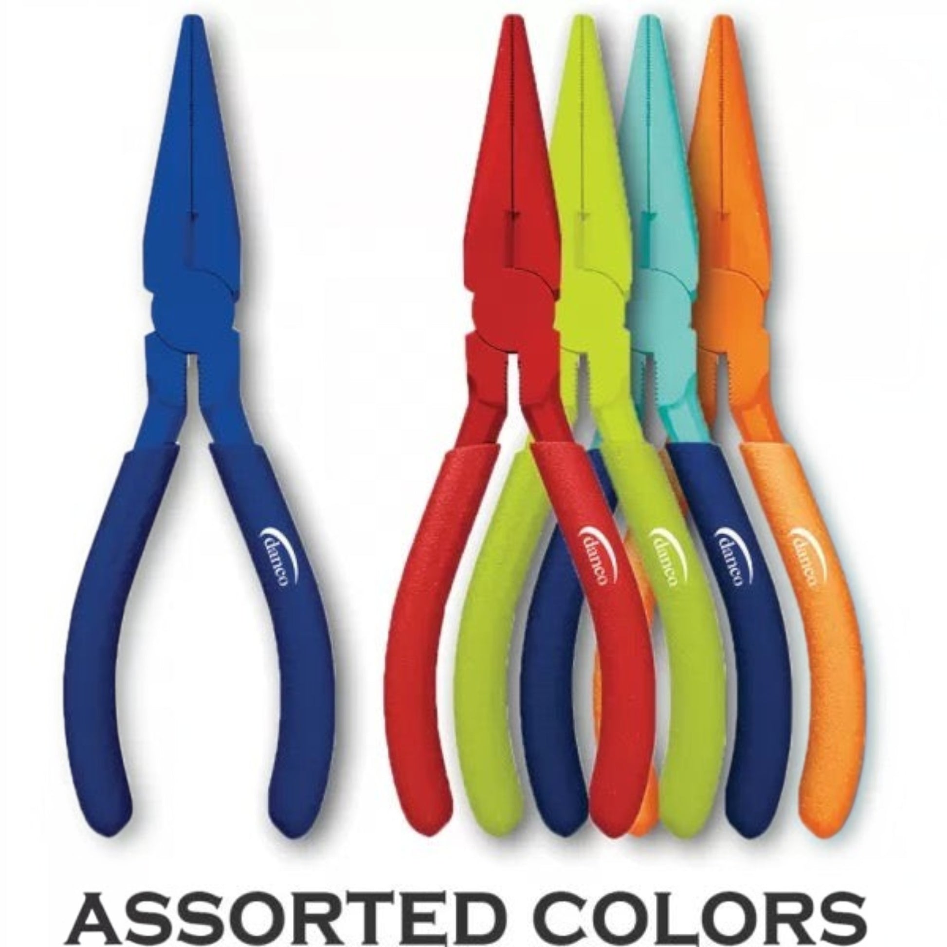 Dogfish Tackle & Marine Danco 6 inch carbon steel needle nose fishing pliers in five assorted bright colors