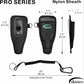 Dogfish Tackle & Marine Danco Pro Series black nylon sheath with coiled lanyard, carabiner, and belt clip dimensions.