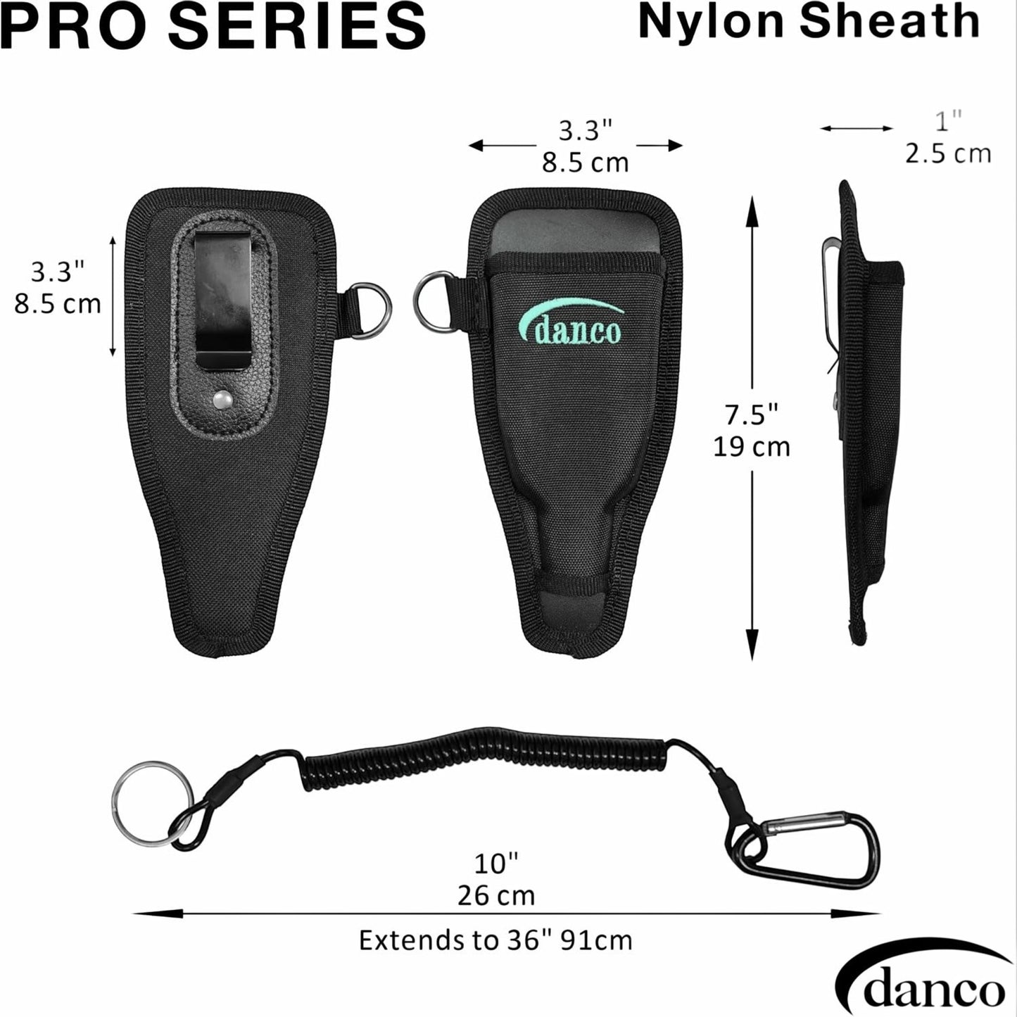 Dogfish Tackle & Marine Danco Pro Series black nylon sheath with coiled lanyard, carabiner, and belt clip dimensions.