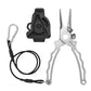 Dogfish Tackle & Marine Danco Premio titanium fishing pliers with matte finish, leather sheath, and safety lanyard.