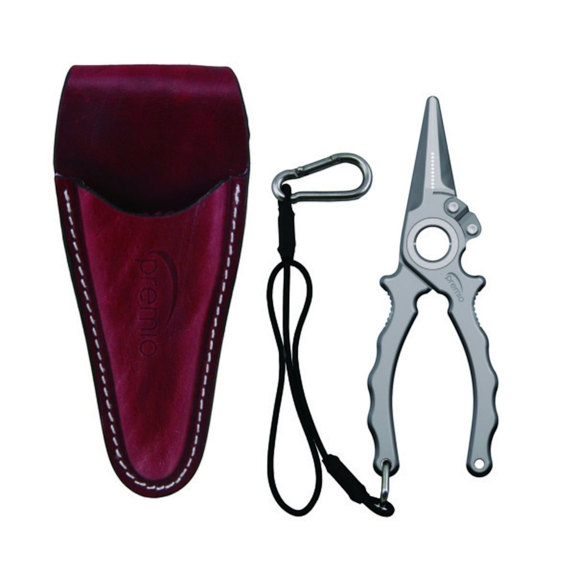 Dogfish Tackle & Marine Danco Premio titanium fishing pliers with a leather sheath, lanyard, and carabiner.