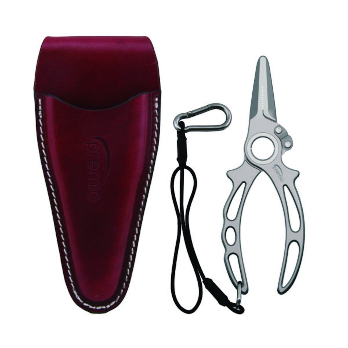 Dogfish Tackle & Marine Danco Premio titanium fishing pliers with leather sheath, lanyard, and stainless steel D-ring.
