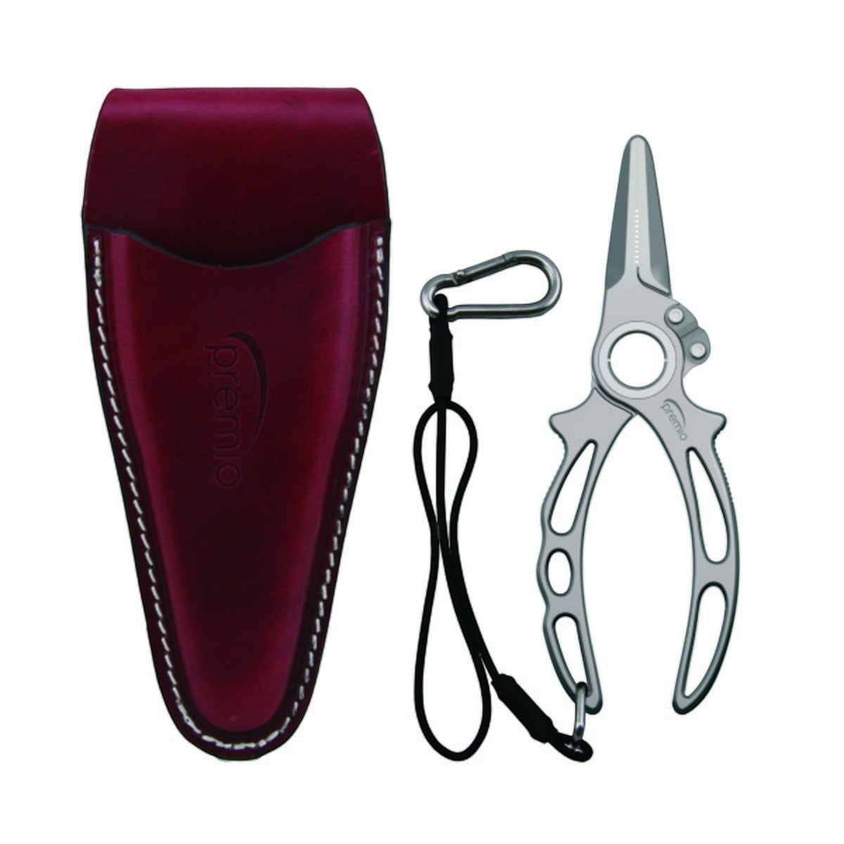 Dogfish Tackle & Marine Danco Premio titanium fishing pliers with leather sheath, lanyard, and stainless steel D-ring.