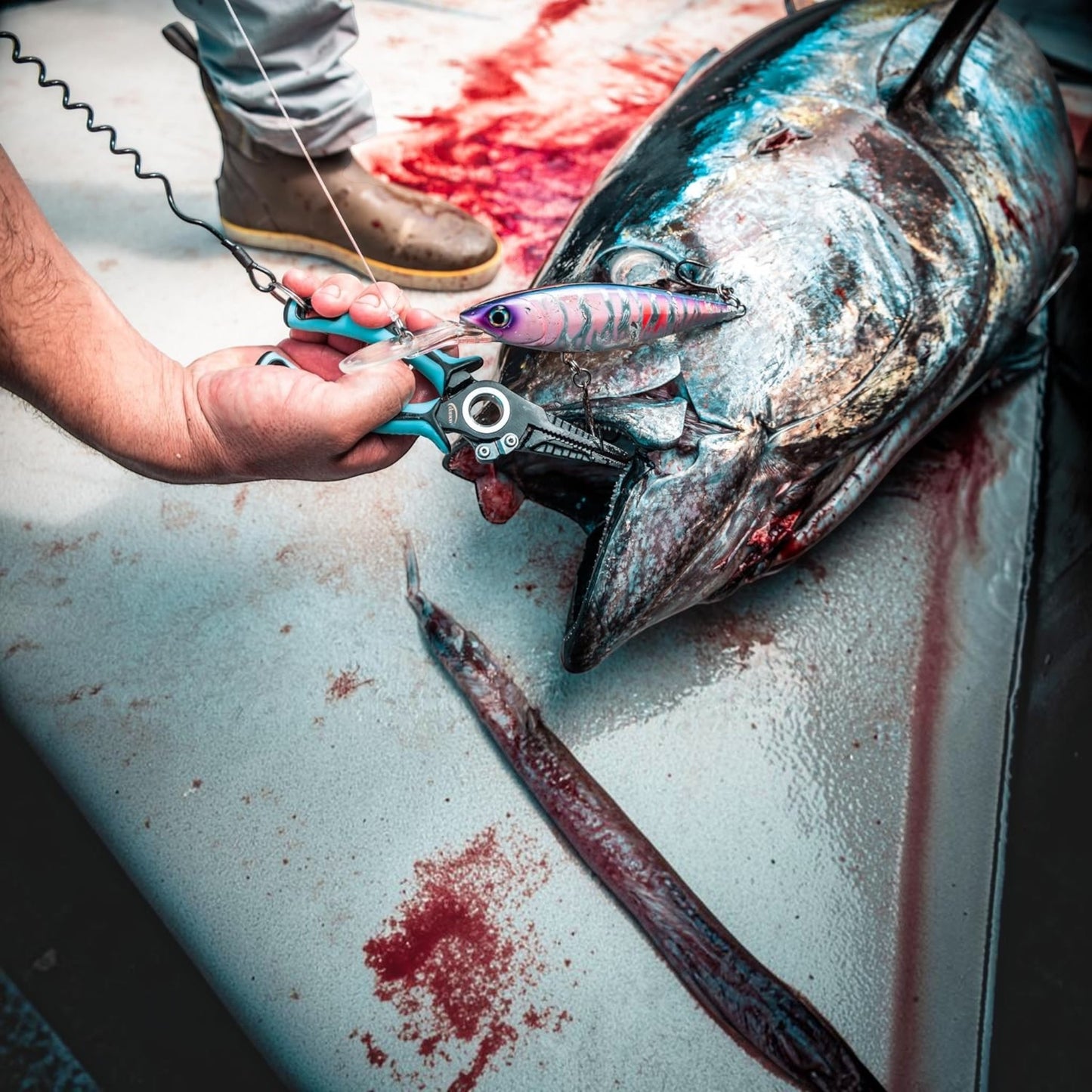 Dogfish Tackle & Marine Danco Pro Series pliers removing a fishing lure from a large tuna on a boat deck
