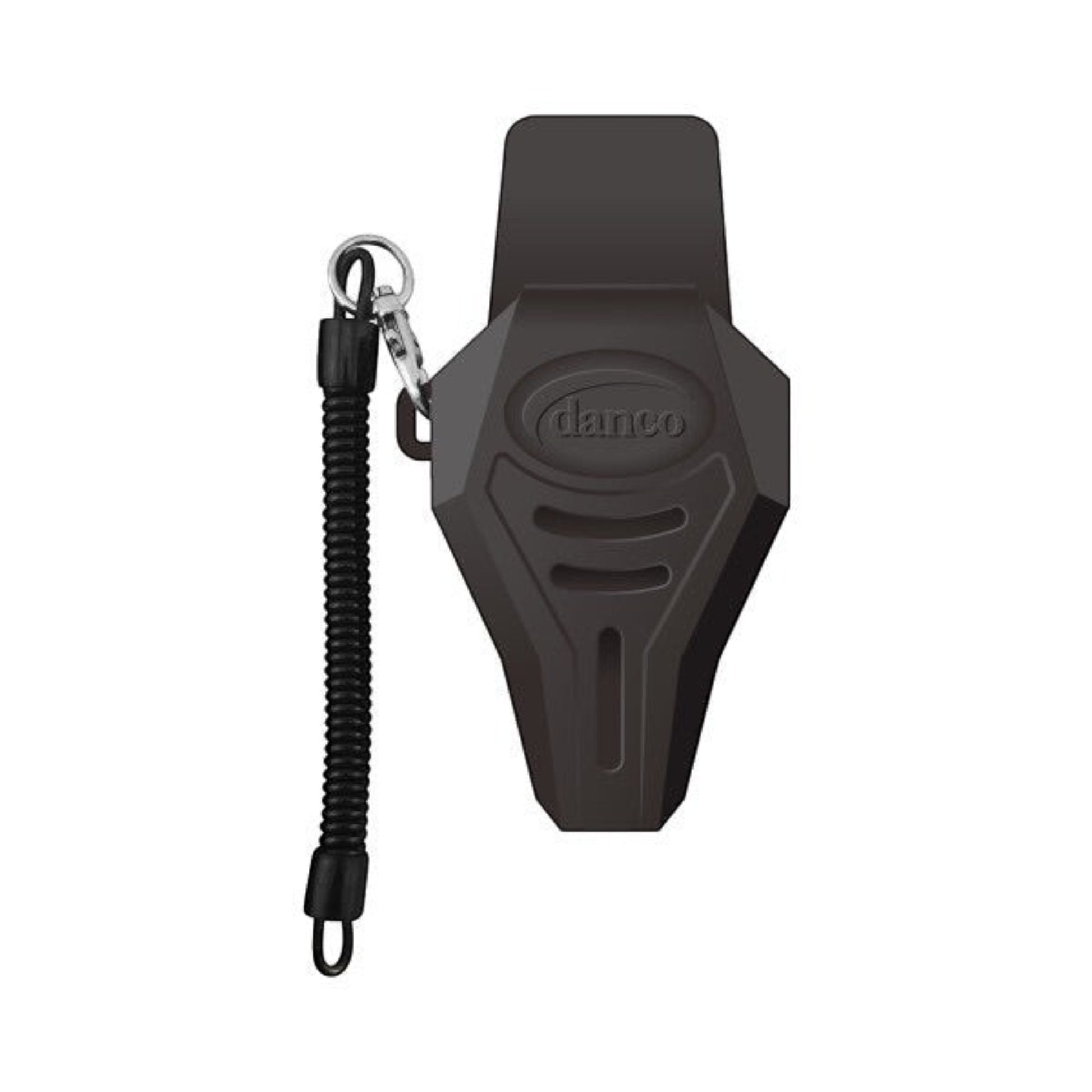 Dogfish Tackle & Marine Danco large black rubber plier sheath with a 36-inch coiled lanyard and swivel belt clip