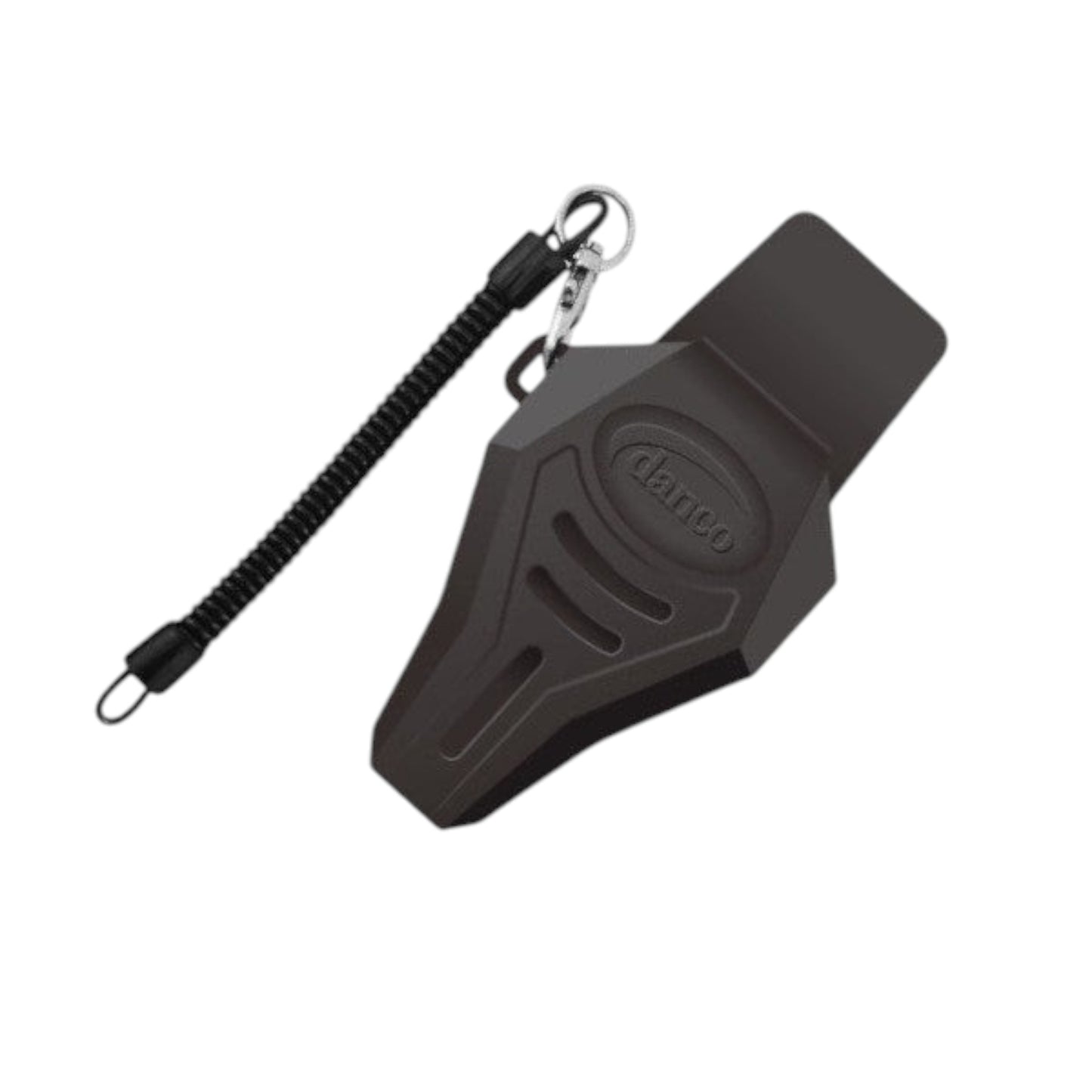 Dogfish Tackle & Marine Danco large black rubber plier sheath with swiveling belt clip and coiled safety lanyard.