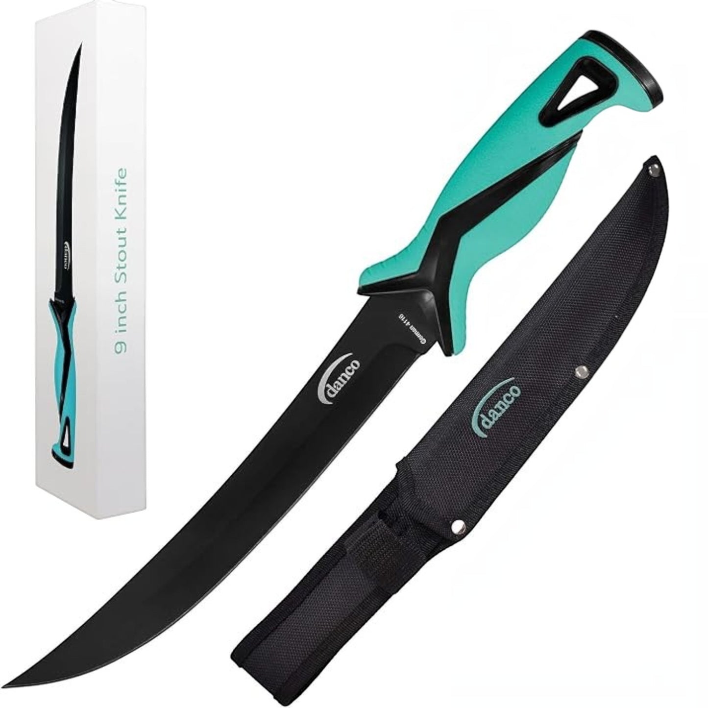 Dogfish Tackle & Marine Danco 9-inch Pro Series Stout fillet knife with black Teflon blade and teal ergonomic handle