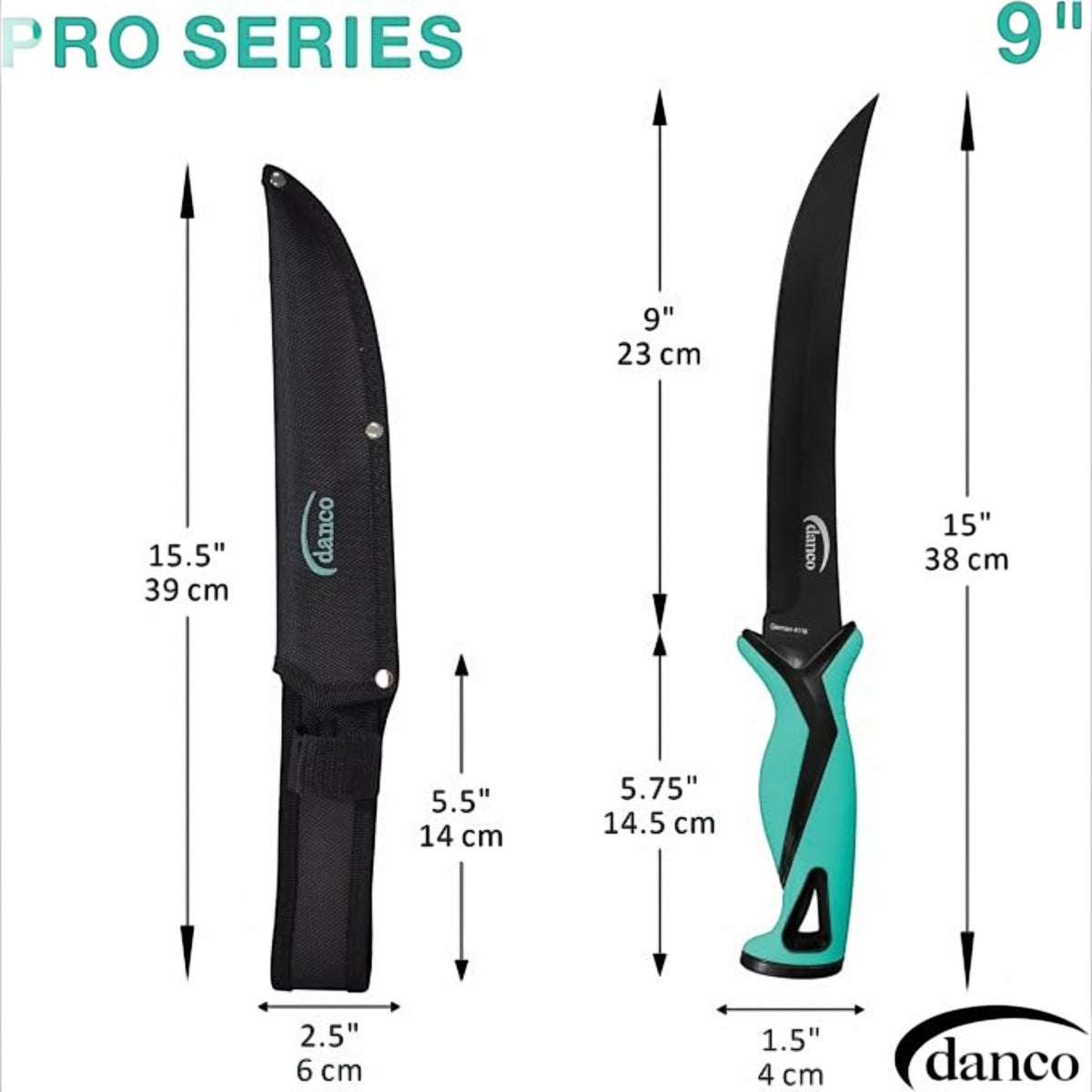 Dogfish Tackle & Marine Danco 9in Stout Knife Pro Series with black Teflon blade and teal ergonomic handle with sheath