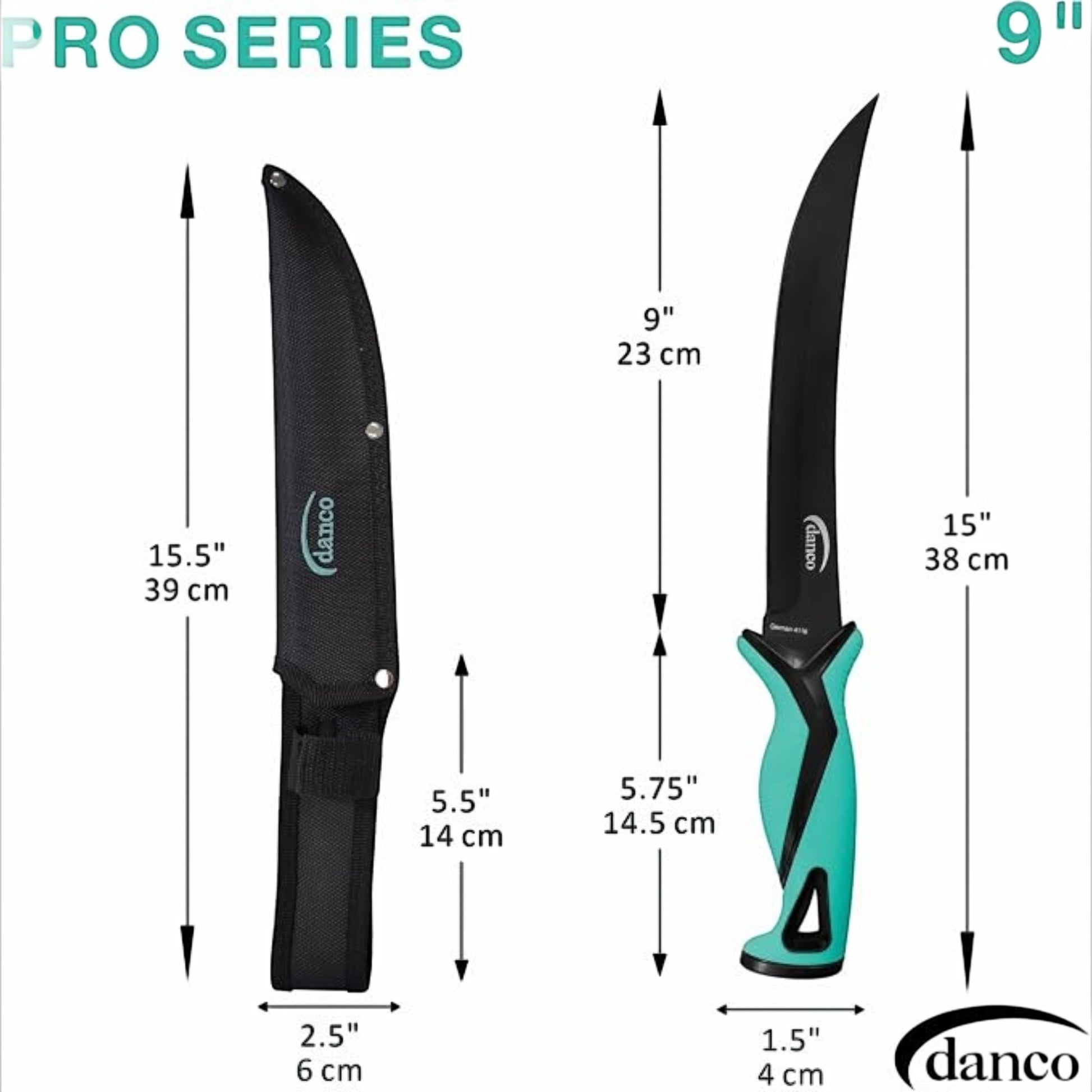 Dogfish Tackle & Marine Danco 9in Stout Knife Pro Series with black Teflon blade and teal ergonomic handle with sheath