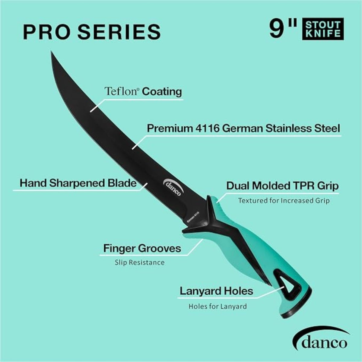 Dogfish Tackle & Marine Danco 9 inch Pro Series Stout fillet knife with black Teflon coated German stainless steel
