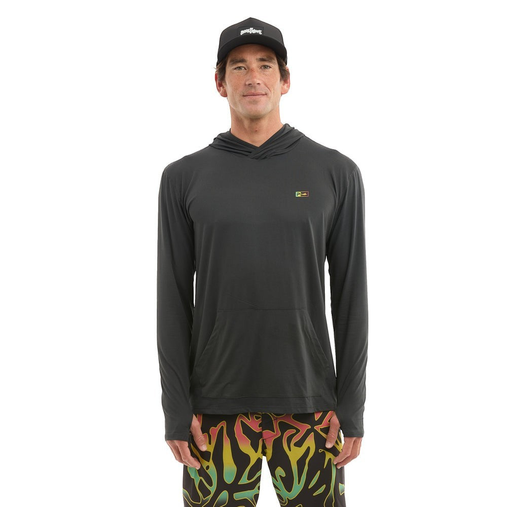 Dogfish Tackle & Marine dark grey hooded long-sleeve shirt with thumbholes and kangaroo pocket, featuring a small logo.