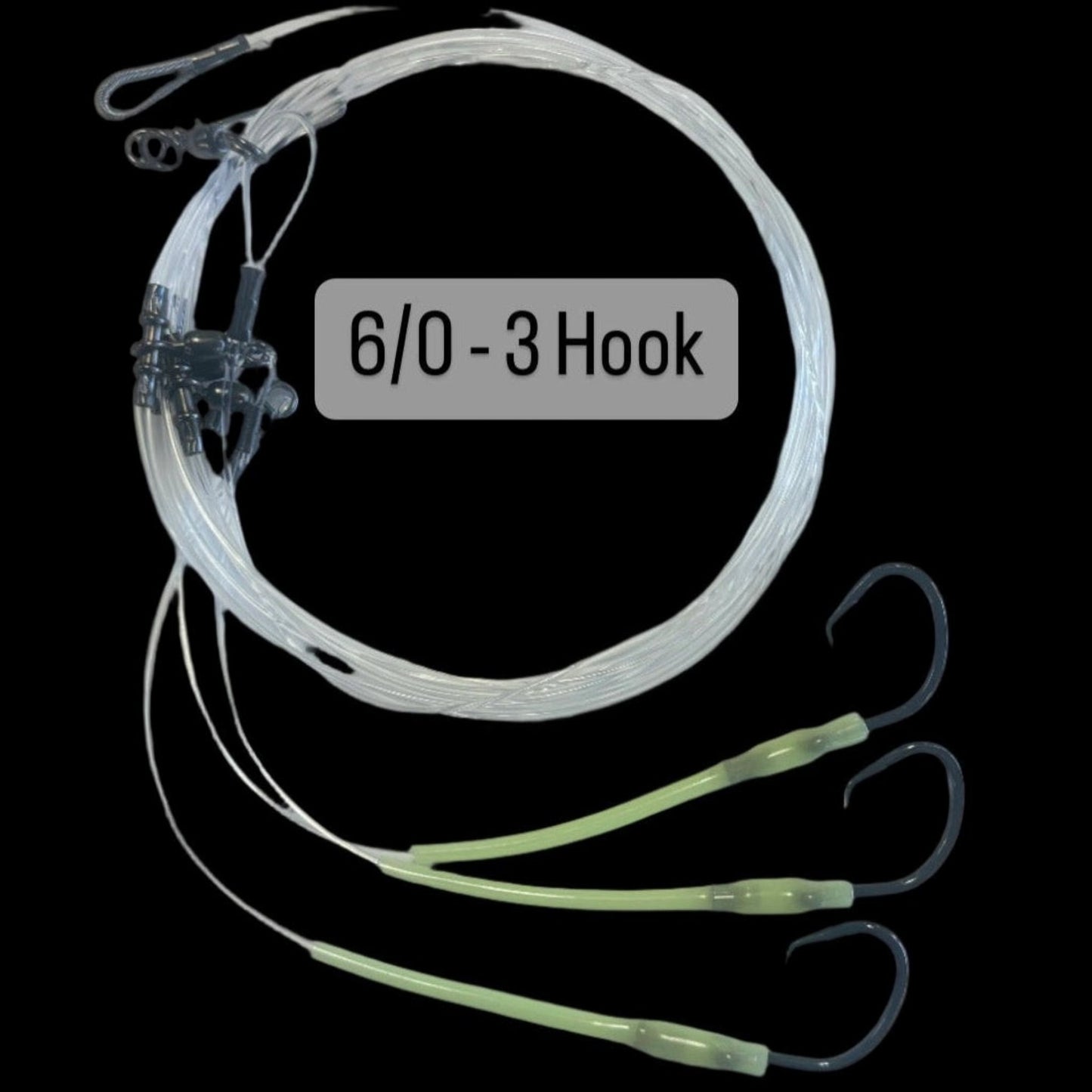 Dogfish Tackle & Marine deep drop fishing rig with 3 hooks, glow-in-the-dark chafe protectors, and premium monofilament line.