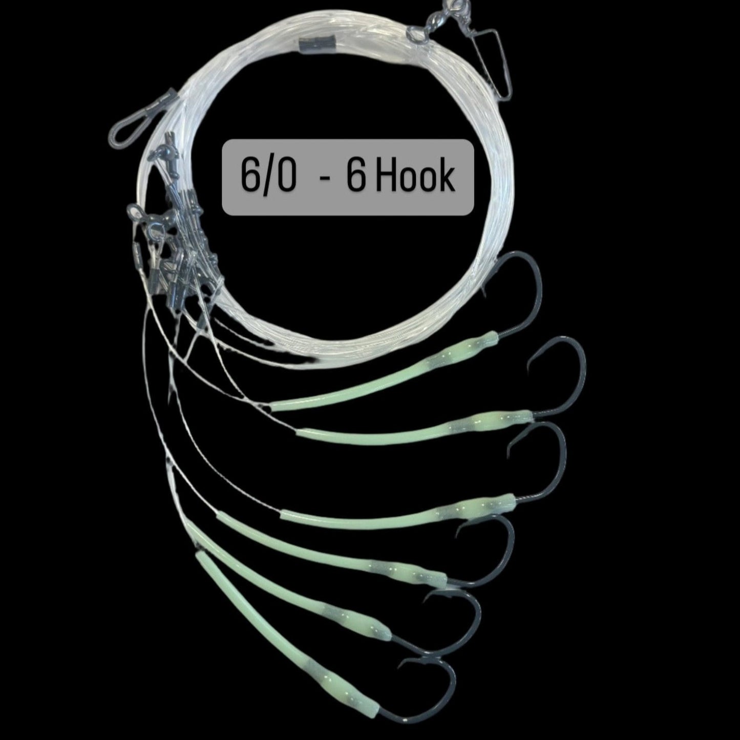Dogfish Tackle & Marine deep drop fishing rig with 6 hooks, glow-in-the-dark chafe protectors, and heavy-duty black nickel circle hooks.