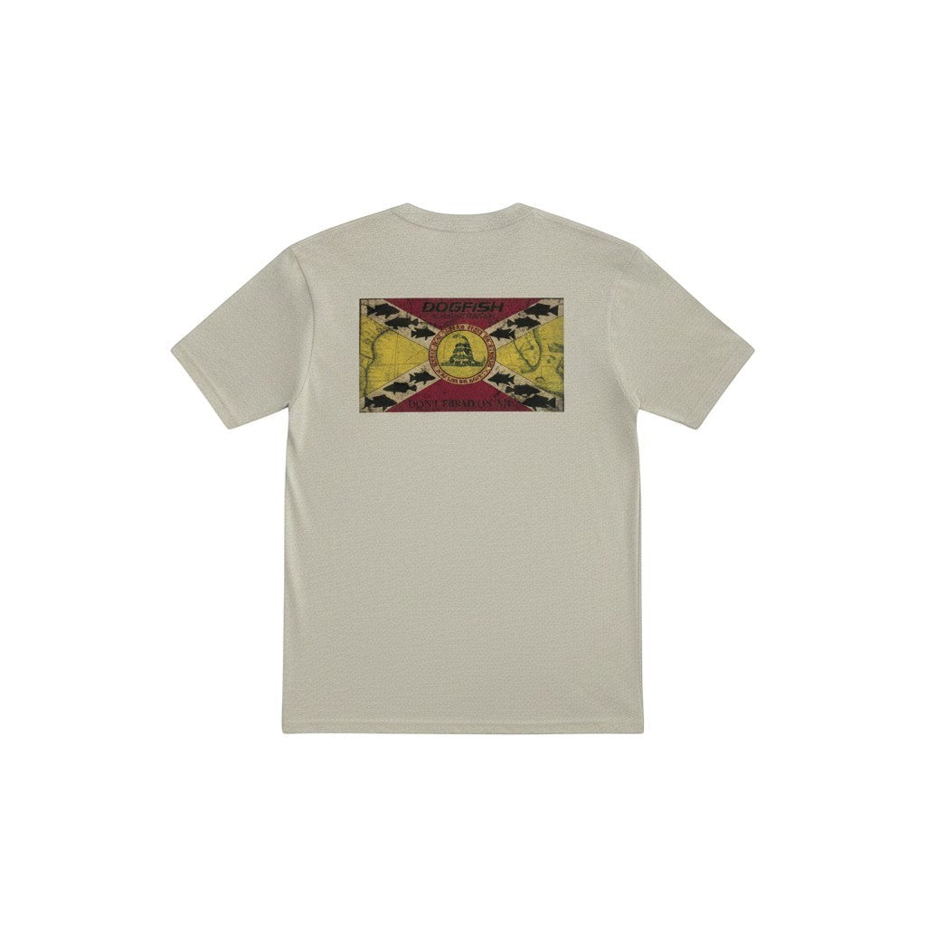 Dogfish Tackle & Marine light grey poly-cotton blend short sleeve t-shirt with a Don't Tread On Me flag graphic on the back.