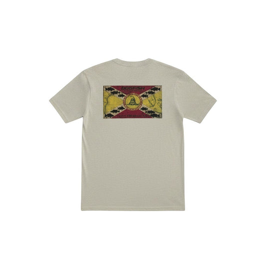 Dogfish Tackle & Marine light grey poly-cotton blend short sleeve t-shirt with a Don't Tread On Me flag graphic on the back.