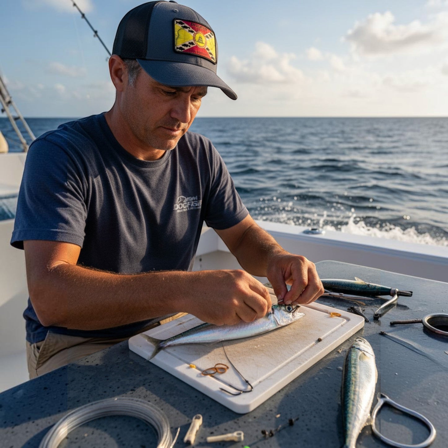Dogfish Tackle & Marine "Don't Tread On Me" trucker hat with mesh back and patch on front, worn by a man fishing on a boat.