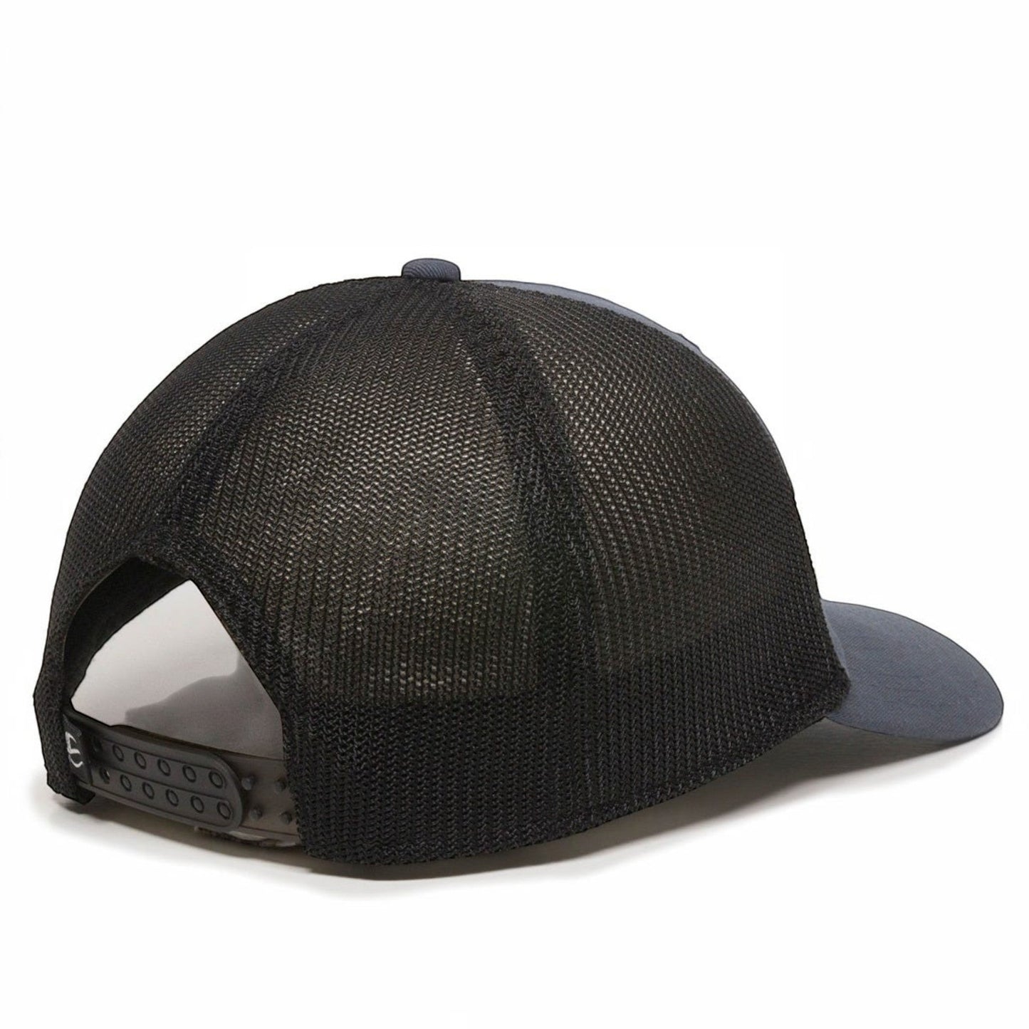 Dogfish Tackle & Marine "Don't Tread On Me" trucker hat with black mesh back and grey front panels.