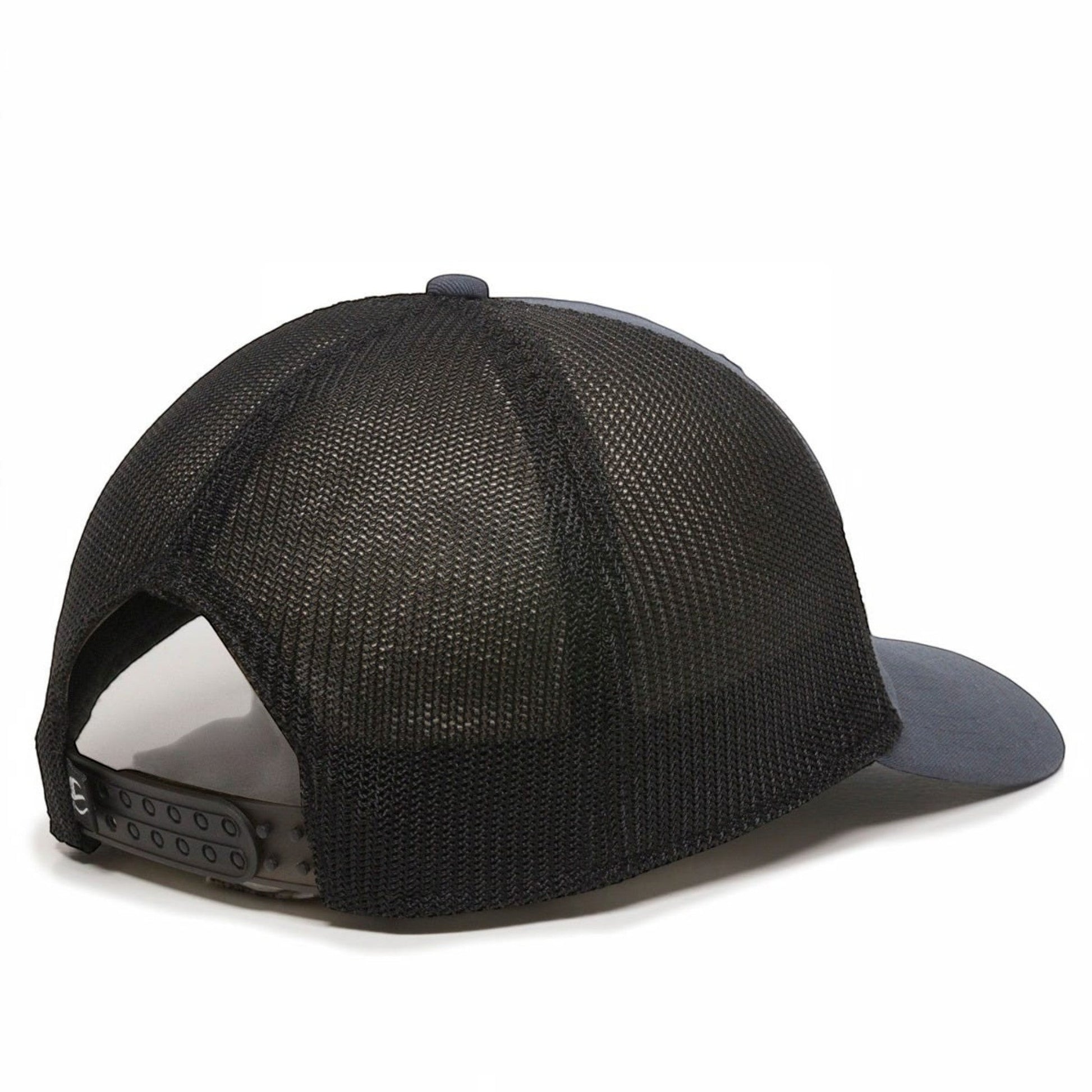 Dogfish Tackle & Marine "Don't Tread On Me" trucker hat with black mesh back and grey front panels.