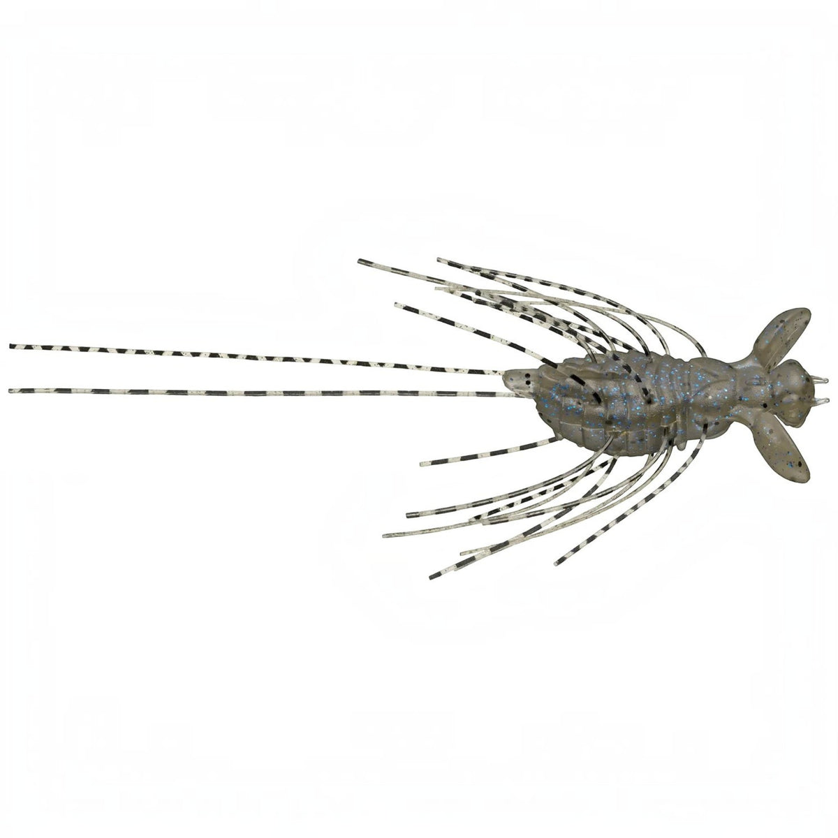 Dogfish Tackle & Marine Evergreen Flutter Gizmo creature bait in a grey speckled color with long silicone skirt tails.