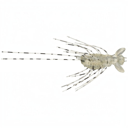 Dogfish Tackle & Marine Evergreen Flutter Gizmo creature bait in a translucent grey with black speckled details.