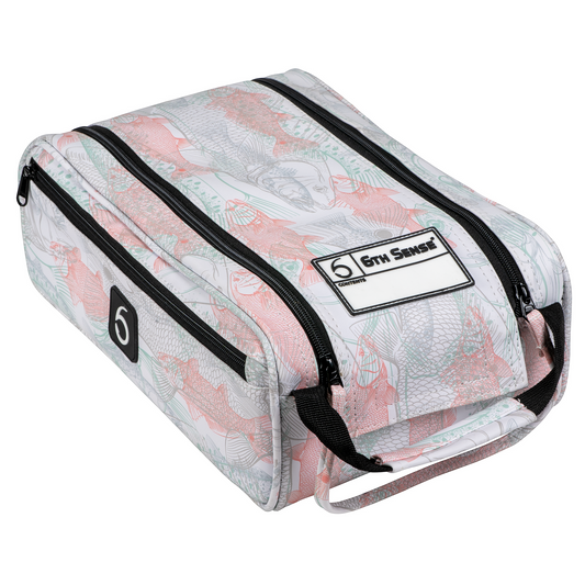 Dogfish Tackle & Marine 6th Sense extra large bait bag with white, pink, and green fish pattern and clear label window