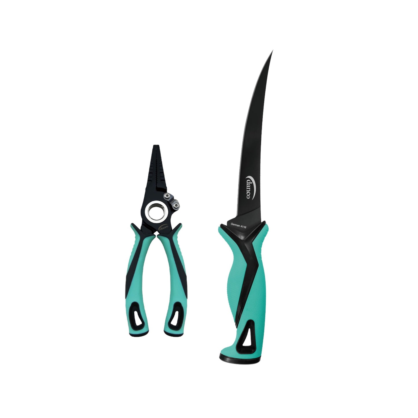 Dogfish Tackle & Marine Danco Pro Series fillet knife and pliers set with black blades and teal ergonomic handles