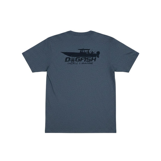 Dogfish Tackle & Marine heathered navy blue t-shirt with fishing boat graphic on back. Short sleeves, crew neck.