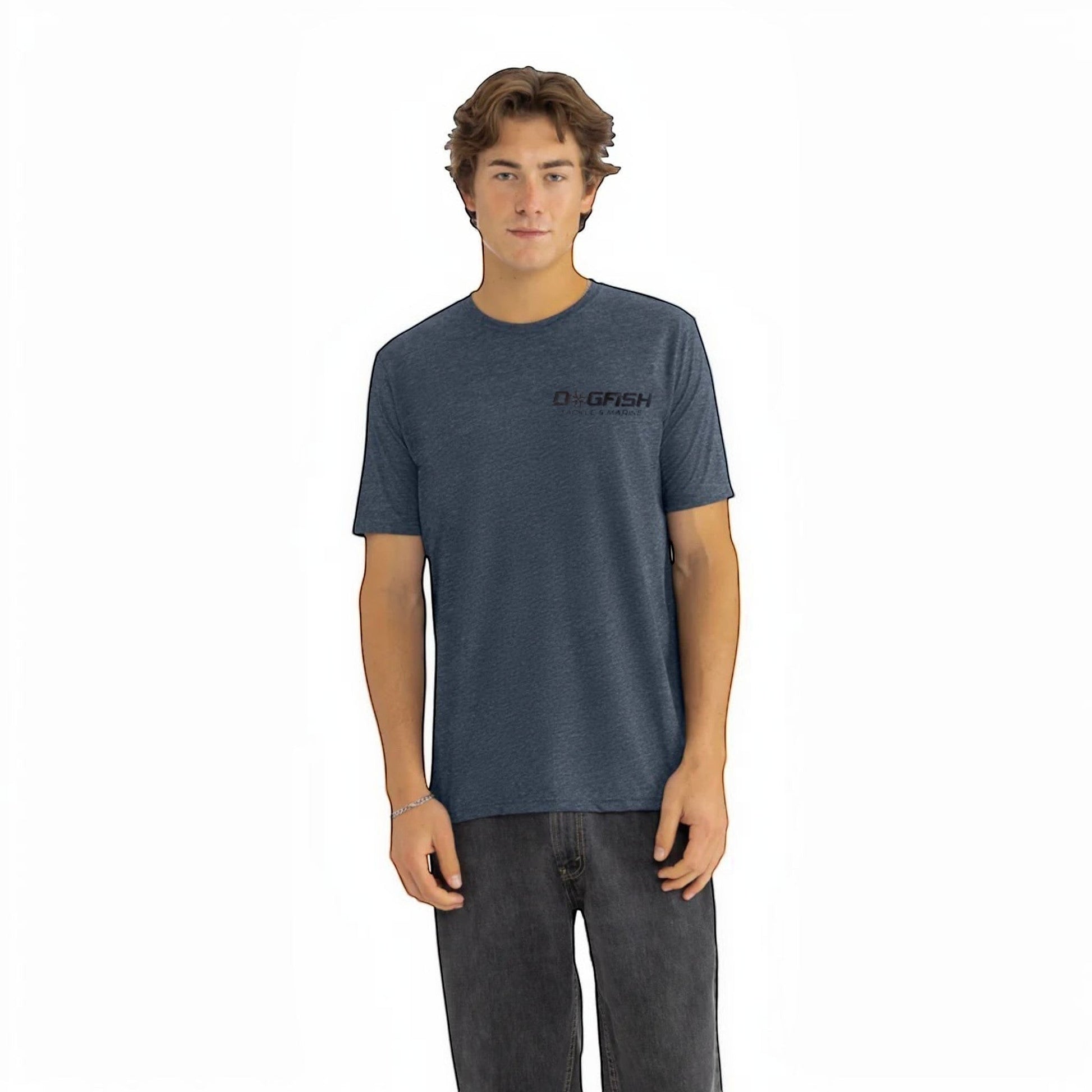 Dogfish Tackle & Marine heathered navy blue t-shirt with fishing boat graphic on back and logo on chest.