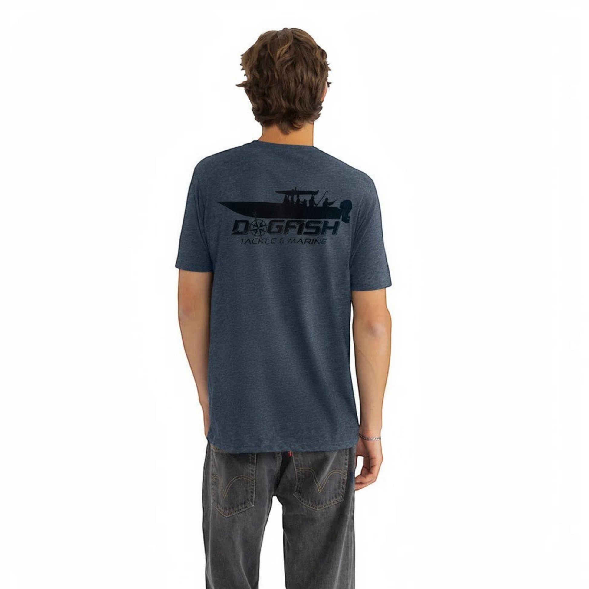 Dogfish Tackle & Marine heathered navy blue t-shirt with fishing boat graphic on back. Soft, breathable fabric.
