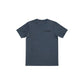 Dogfish Tackle & Marine heathered navy blue t-shirt with fishing boat graphic on back and logo on chest.