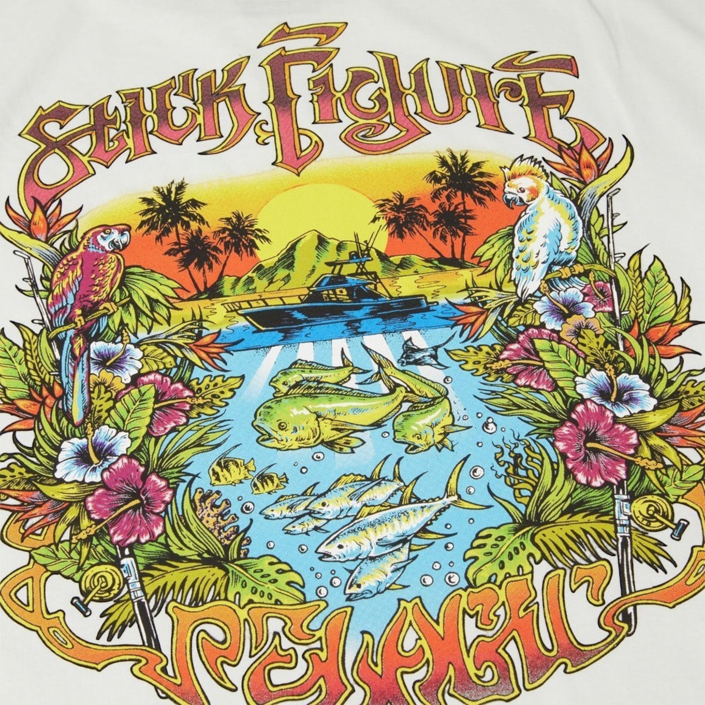 Dogfish Tackle & Marine white crop tee with colorful tropical fishing graphic. Features parrots, palm trees, boat, and fish.