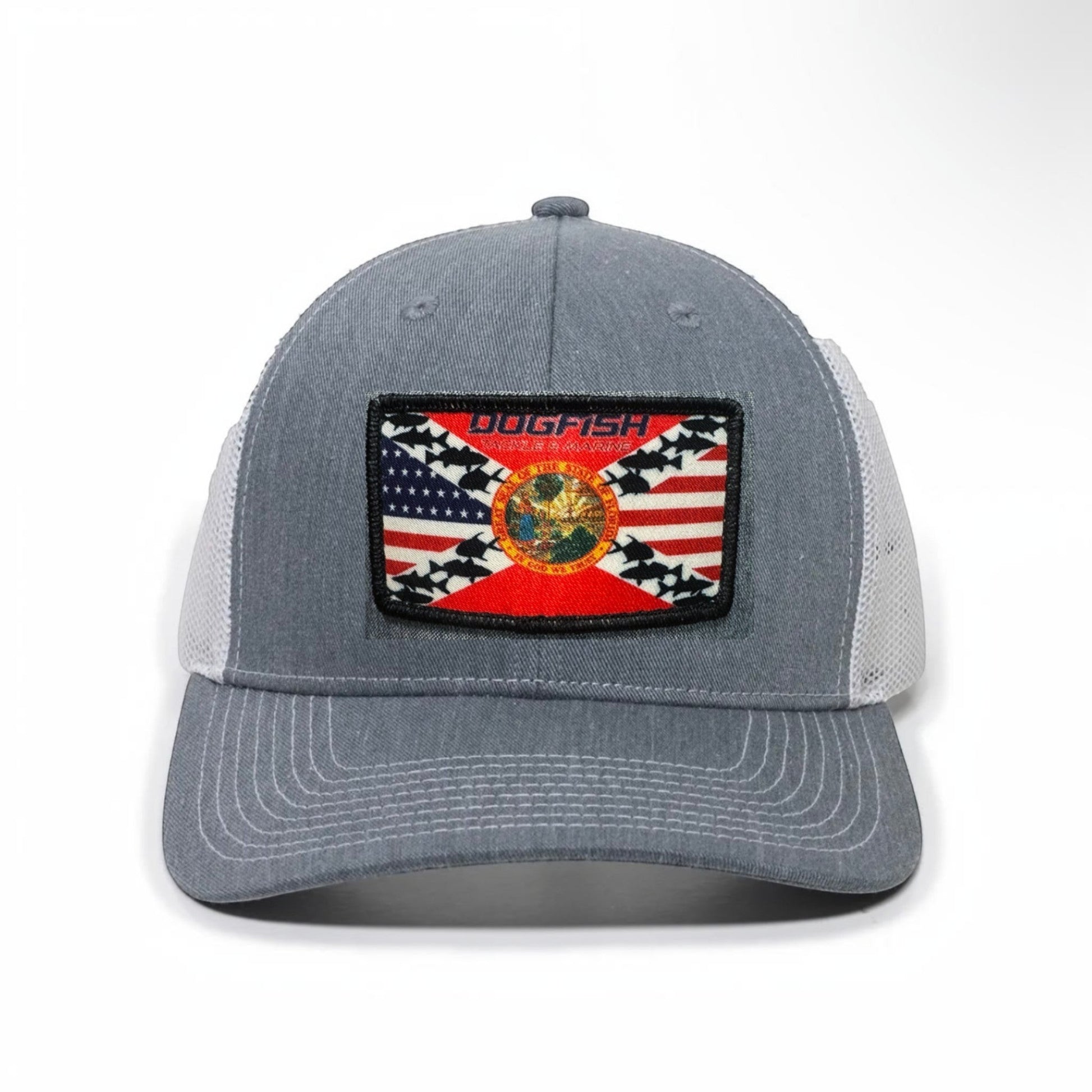 Dogfish Tackle & Marine grey trucker hat with Florida flag patch and mesh back panels.