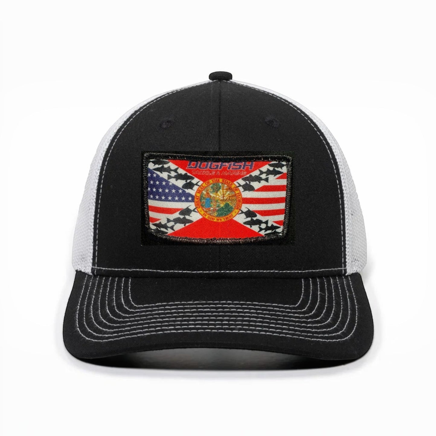 Dogfish Tackle & Marine black trucker hat with Florida flag patch and white mesh back.