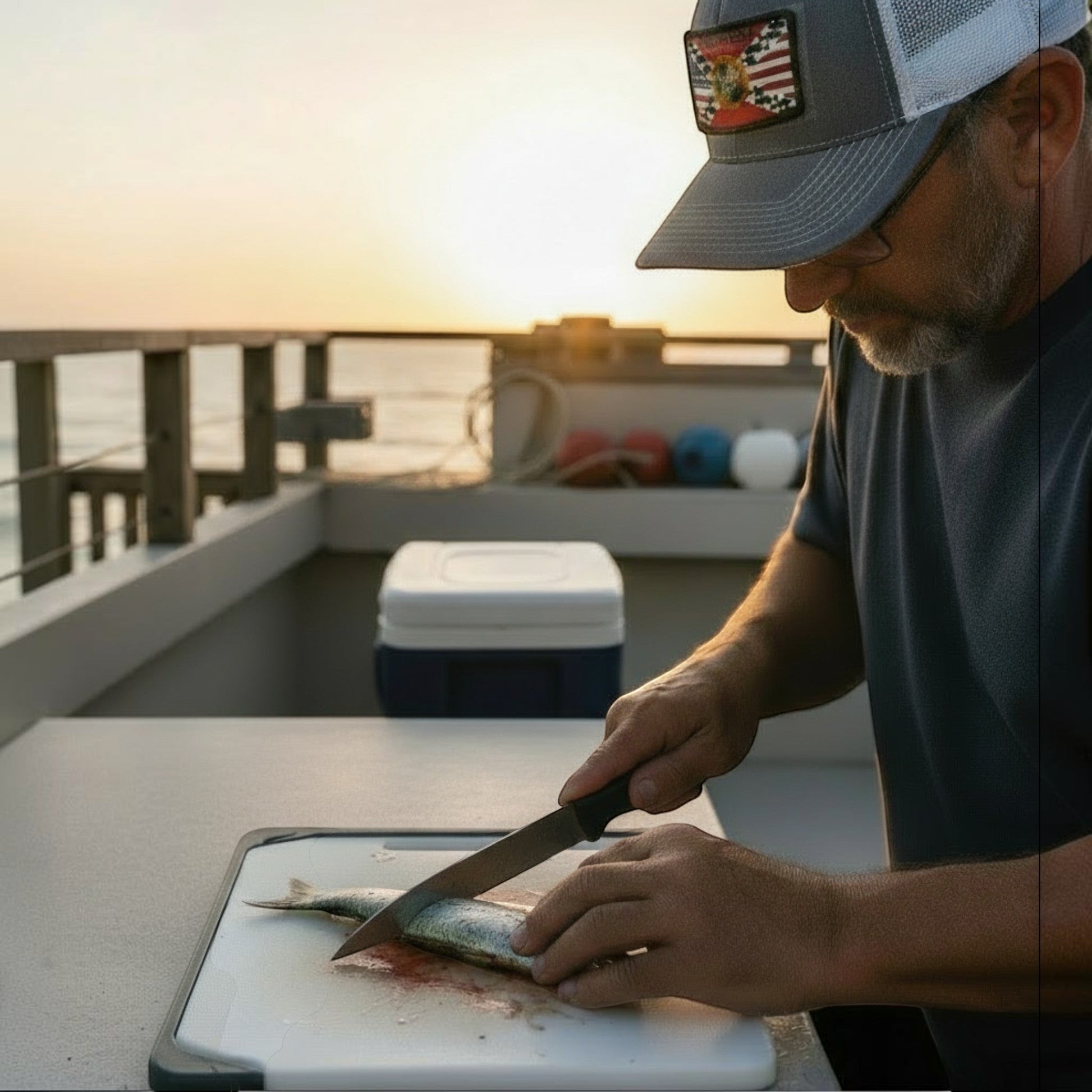 Dogfish Tackle & Marine grey trucker hat with Florida flag patch and mesh back panels, worn by a man fishing at sunset.