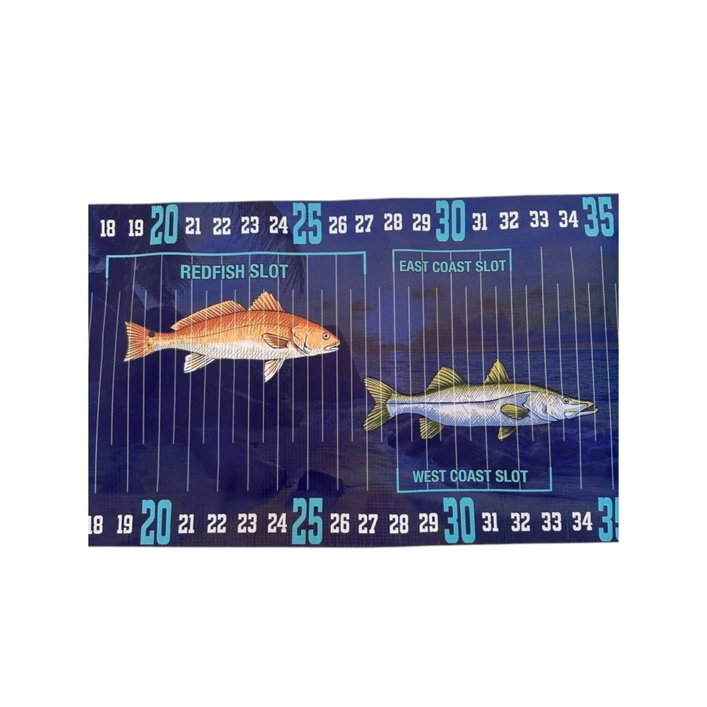 Dogfish Tackle & Marine Get Thumped fish ruler with Redfish and Snook slot measurements on a durable blue background.