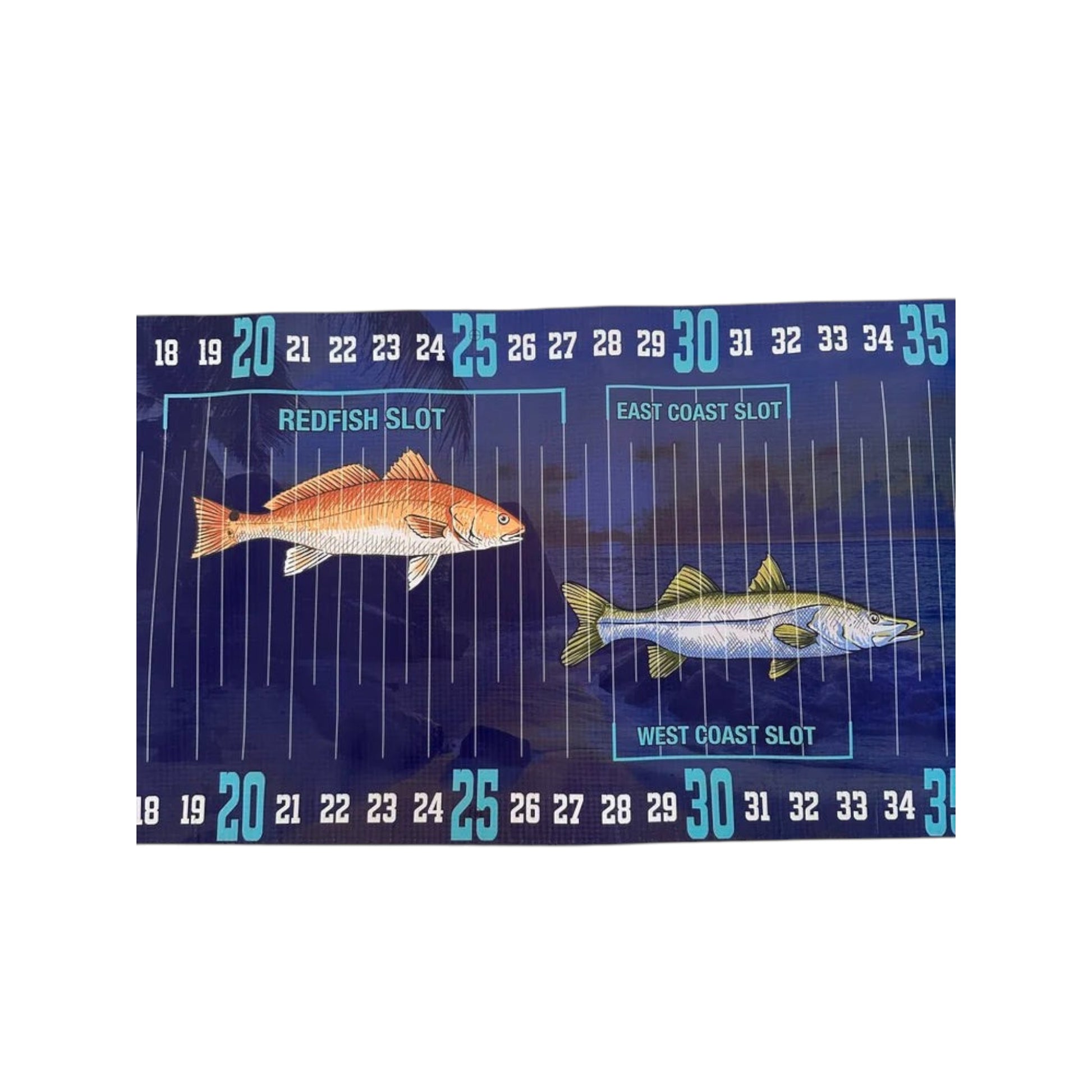 Dogfish Tackle & Marine Get Thumped fish ruler with Redfish and Snook slot measurements on a durable blue background.