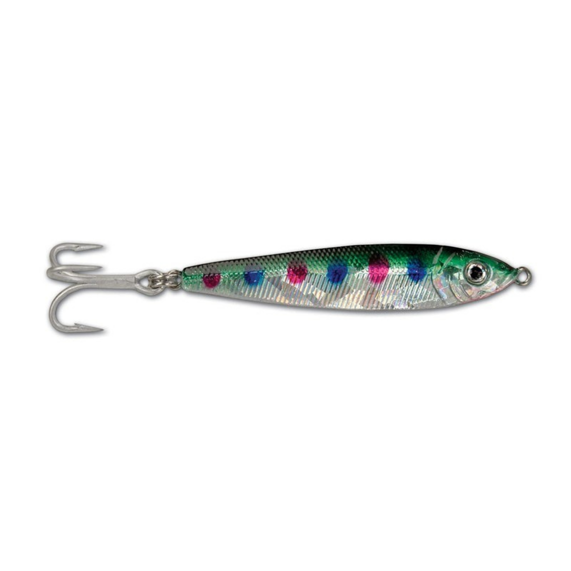 Dogfish Tackle & Marine Got-Cha Jigfish lure with holographic finish, green back, and pink and blue polka dots