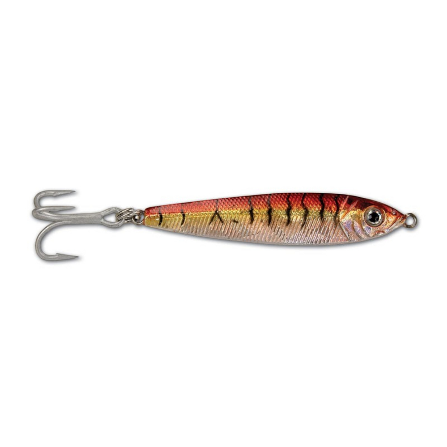 Dogfish Tackle & Marine Got-Cha Jigfish lure with red and gold tiger stripe pattern and sharp treble hook