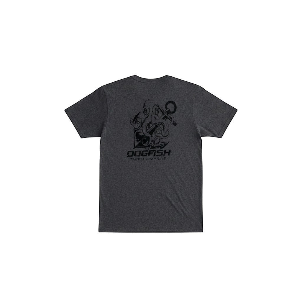 Dogfish Tackle & Marine dark grey graphic t-shirt with octopus and anchor design on back.