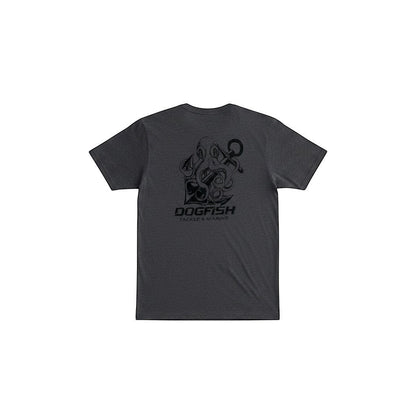 Dogfish Tackle & Marine dark grey graphic t-shirt with octopus and anchor design on back.