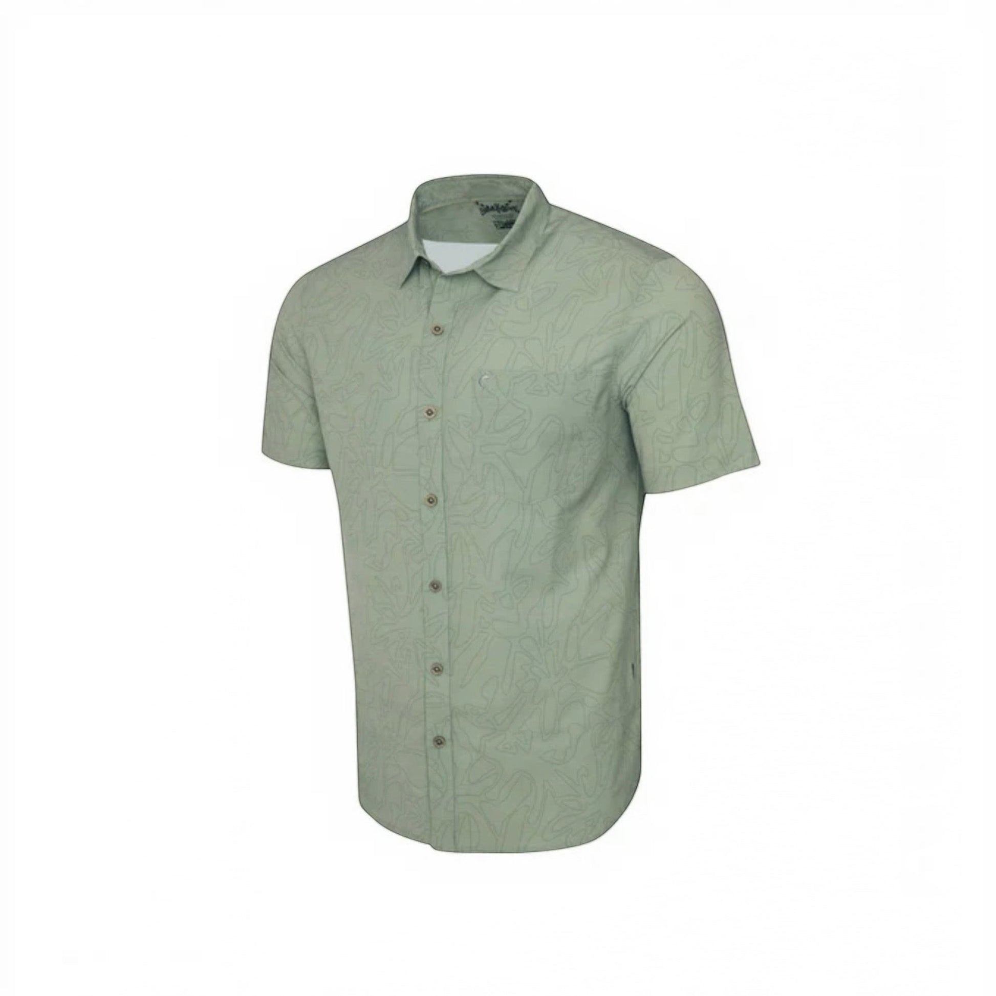Dogfish Tackle & Marine light green short-sleeve button-down shirt with abstract stick figure pattern. UPF 50+.