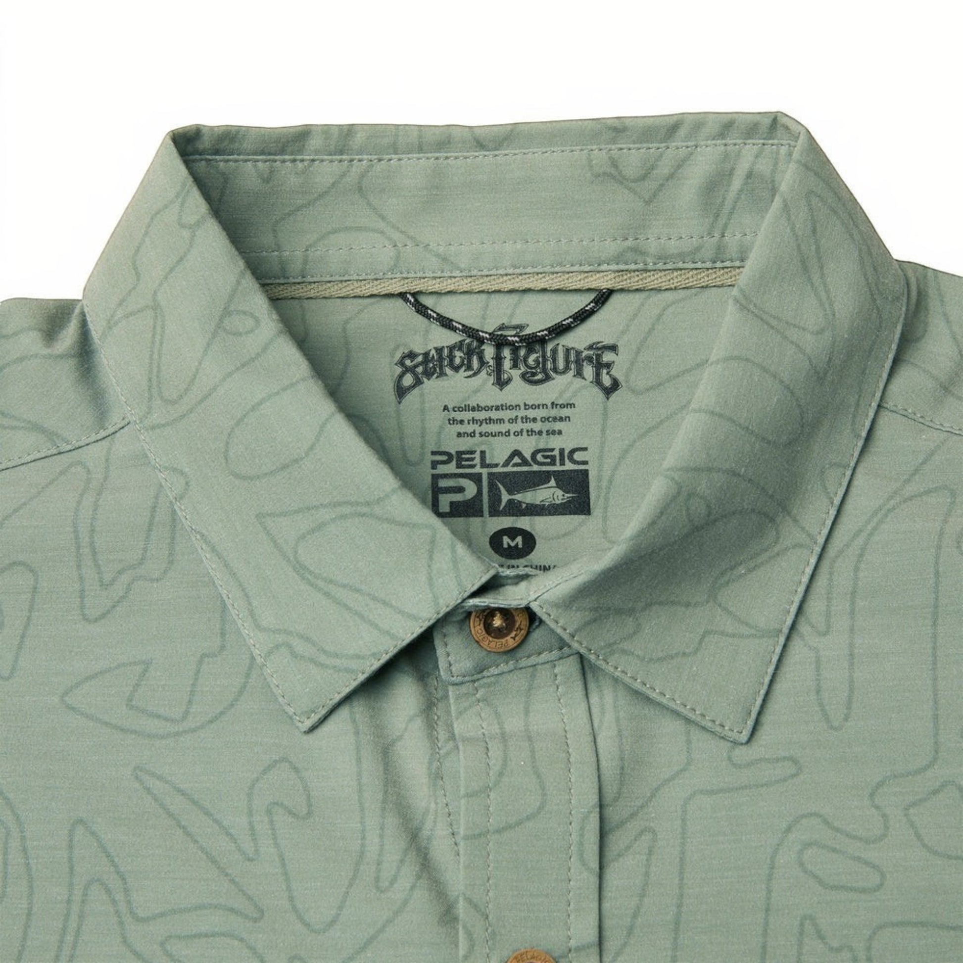 Dogfish Tackle & Marine green button-down shirt with a subtle all-over stick figure pattern and UPF 50+ protection.