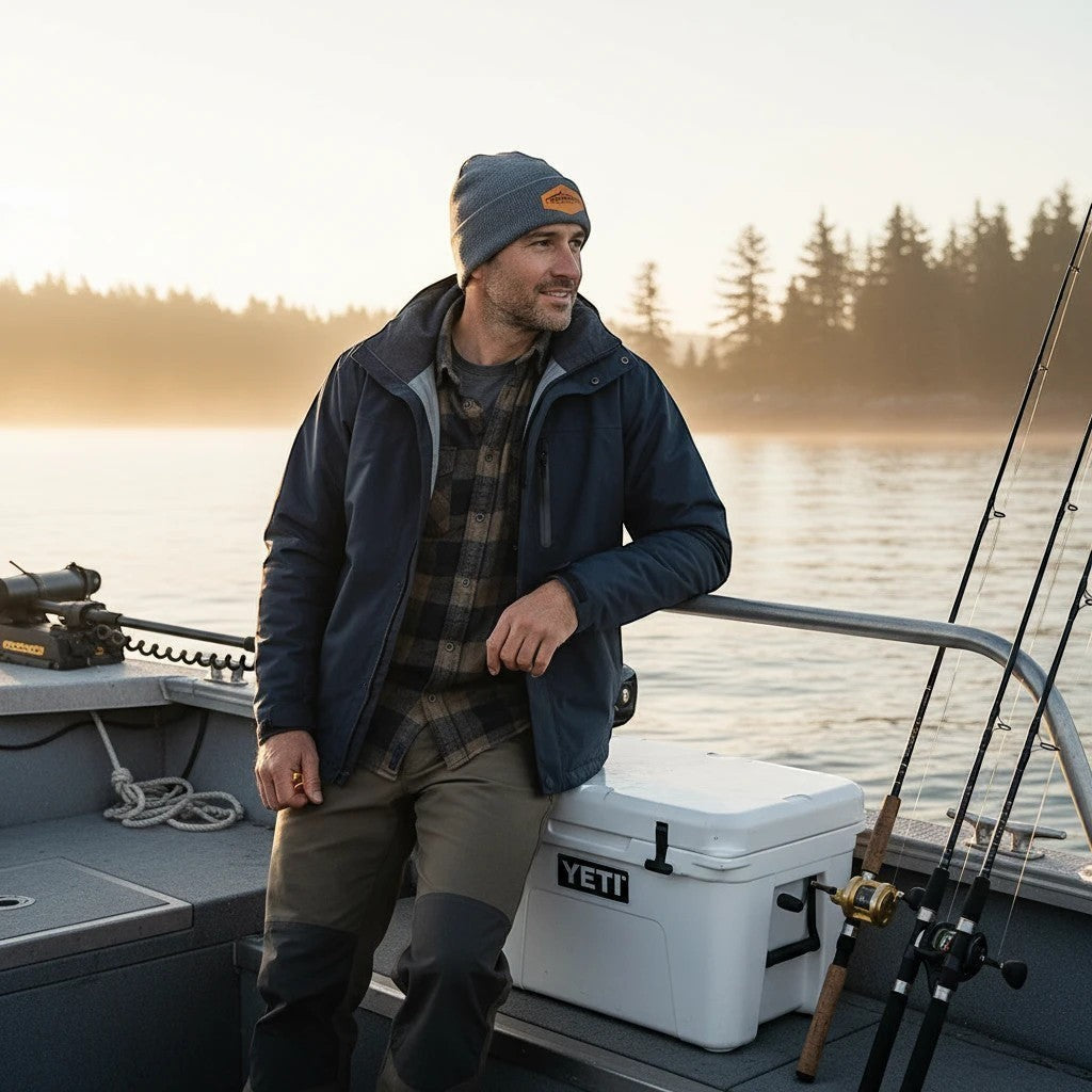Dogfish Tackle & Marine grey polyester super stretch beanie with leather patch, worn by a man on a boat.